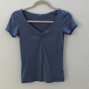 long blue-gray ruched t-shirt